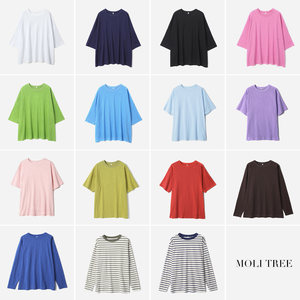 
#WTX08191 Jasmine Yaji 45* Japanese bamboo cotton round neck dropped shoulder side slit loose T-shirt for women