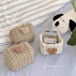 Mizi-Chan*Ins-Style Bear Cotton and Linen Woven Basket Desktop Storage Basket Cute Cosmetics and Miscellaneous Items Organizer Box Fabric Art