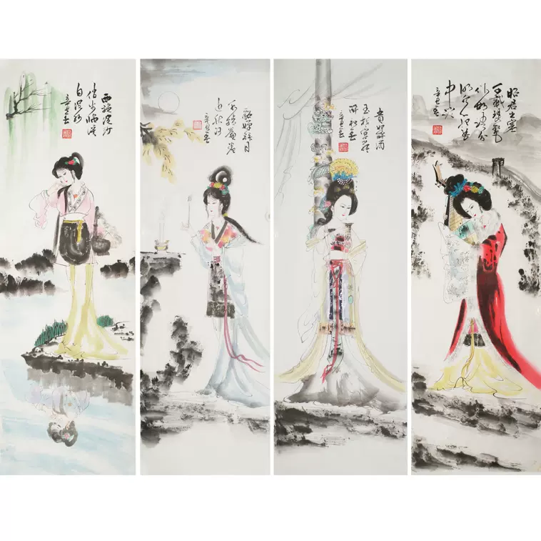 中式风格人物国画唐寅四美图艺术挂画适用客厅未装裱纸本复制