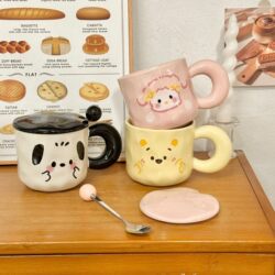 Ceramic Mug with Lid and Spoon, High-Looking Cup, Souvenir Gift for Women, Household Water Cup, Cute Couple's Coffee Breakfast Cup