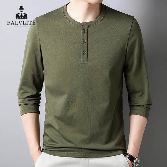 
FALVLITE Falai Roy 2025 spring and autumn men's long-sleeved T-shirt round neck buttoned bottoming shirt casual top