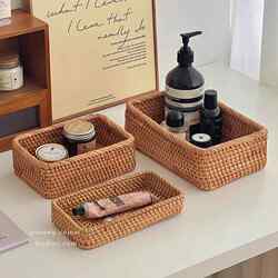 Woven Storage Basket Desktop Storage Box Retro Rattan Home Living Room Snack and Miscellaneous Storage Basket Cosmetics