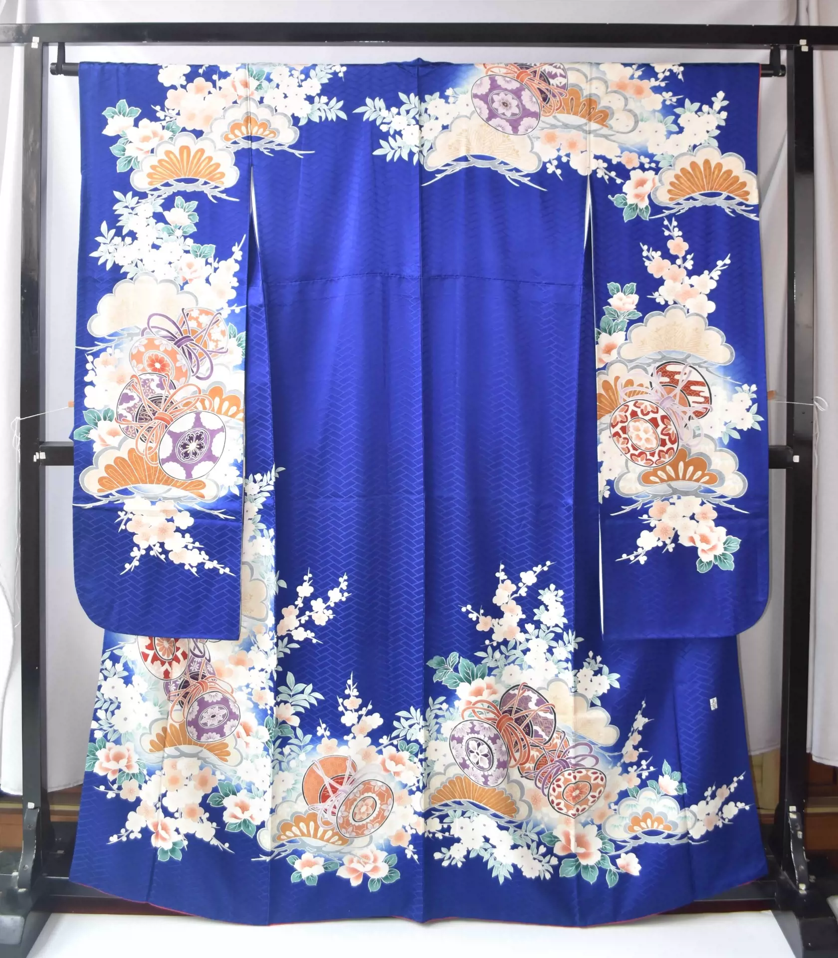 日本传统和服深蓝地繁花鼓柄正绢高级成人式振袖作家物-Taobao