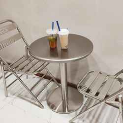 Stainless steel small round table Internet celebrity milk tea table cafe outdoor bar industrial style iron commercial table chair combination