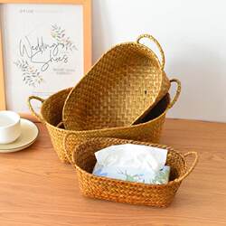 Desktop Wicker Storage Basket for Miscellaneous Items, Handmade Straw Snack Storage Fruit Basket, Double-Handle Rattan Basket