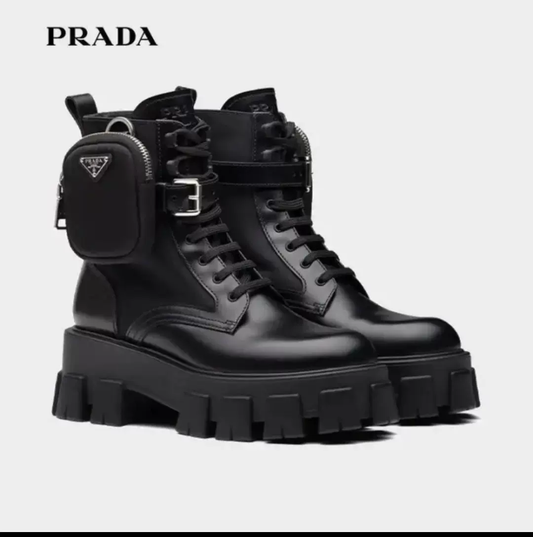 普拉达PRADA 女士Monolith 皮革和尼龙中筒靴-Taobao