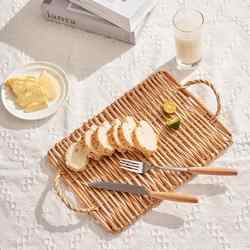 Wicker Bread Basket, Rattan Steamed Bun Basket, Breakfast Pastry Snack Basket, Double-Handle Oval Food Snack Bread Tray