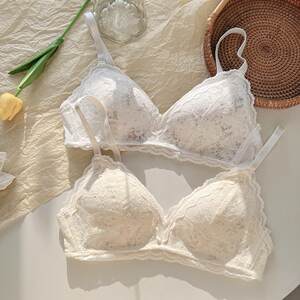
Romantic Pastoral Floral French Triangular Cup Girls Underwear Small Breast Gathering No Wires Sexy Lace Bra Set