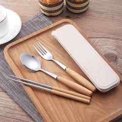 304 Solid Wood Student Portable Spoon and Chopstick Set Ins Stainless Steel Fork Three-Piece Cutlery Set with Storage Box