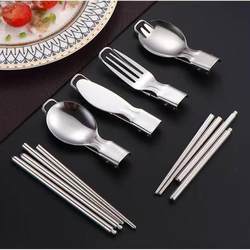 Portable Foldable Stainless Steel Cutlery Set Knife Fork Spoon Chopsticks Multifunctional Travel Outdoor Portable Cutlery