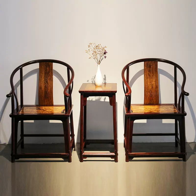 明清1古典红木家具小叶紫檀百宝嵌花鸟图官帽椅扶手主人椅三件套