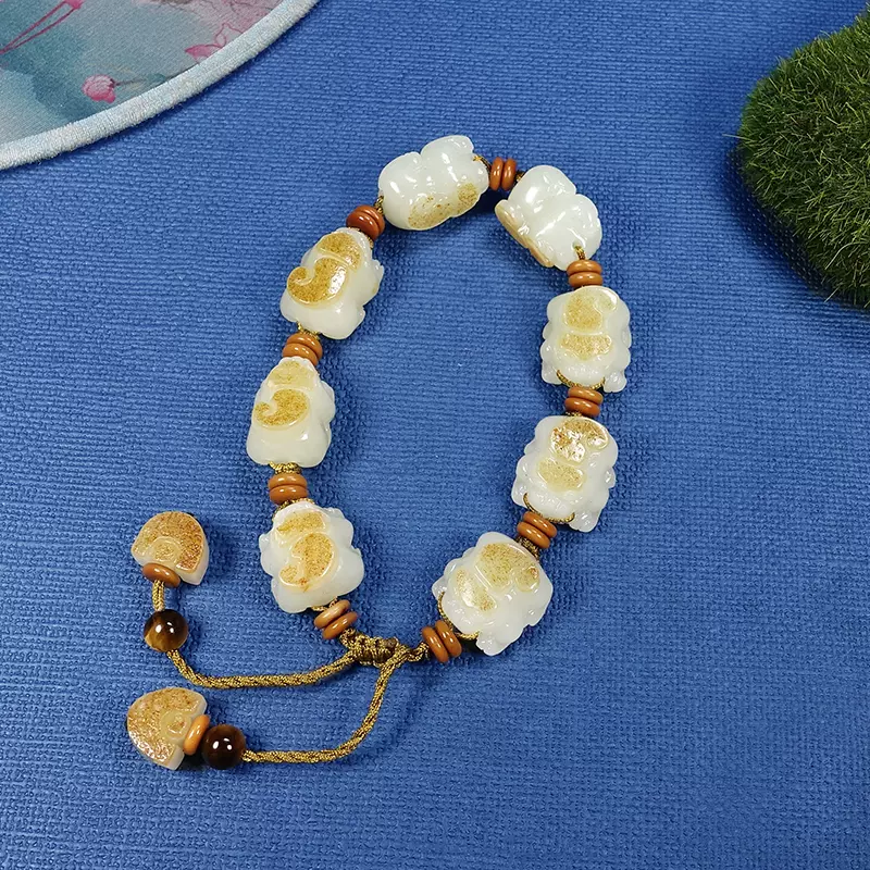 和田玉白玉颗颗手工雕刻寓意招财进宝玉石貔貅手链手