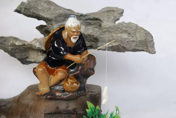 姜太公坐翁假山盆景魚缸造景陶瓷人物小擺件漁夫釣魚裝飾石灣工藝-Taobao