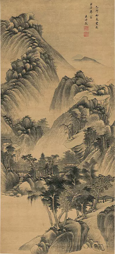 明代末王時敏手絵宣紙山水画掛軸-