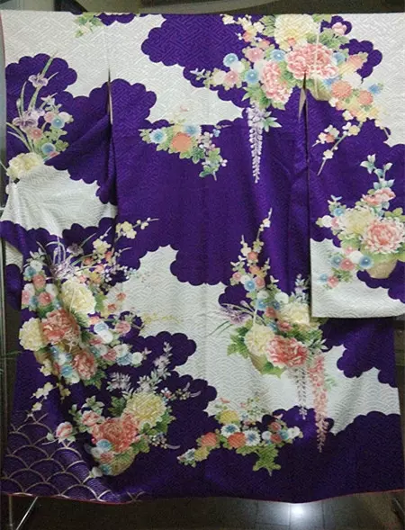 ZX02日本带回中古和服振袖正绢紫暗纹金驹牡丹菊