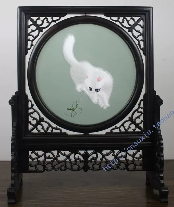 蘇繡實體店.商務禮品刺繡雙面繡臺屏.紫檀架*貓戲