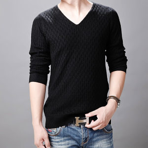 Spring and autumn men's sweater thin V -neck pure color line clothes men's slim black bottom sweater large size small shirt
