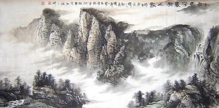 山水画 C14039国画山水字画原稿六尺横幅书房装饰山水画收藏作品