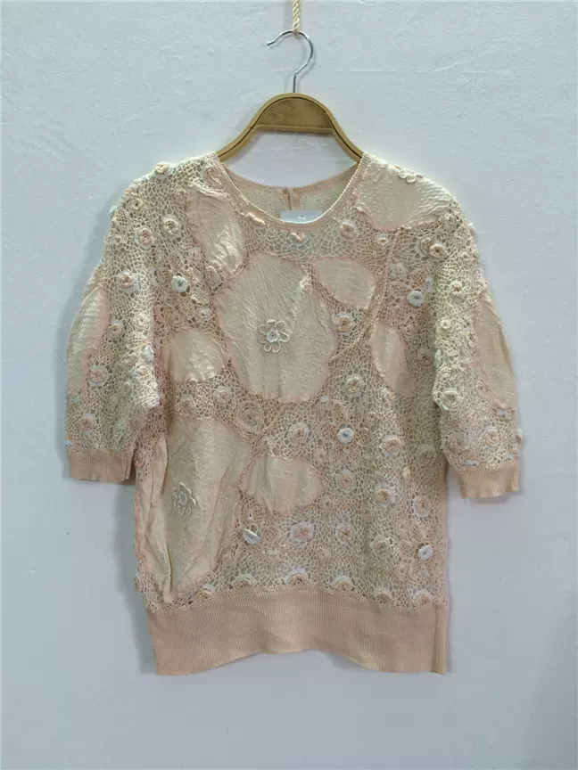 Vintage孤品复古森女粉嫩手工编织双层镂空立体浮花