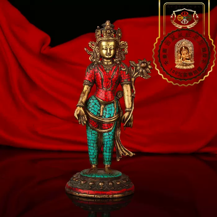 西藏红藏式精心手工雕刻绿度母镶嵌红绿宝石佛像逢凶化吉事业顺利 