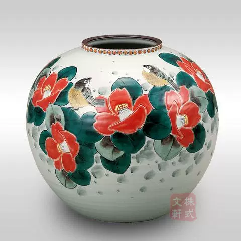 日本九谷烧陶瓷器花瓶山茶花鸟花道花器插花摆件品福田良則作-Taobao