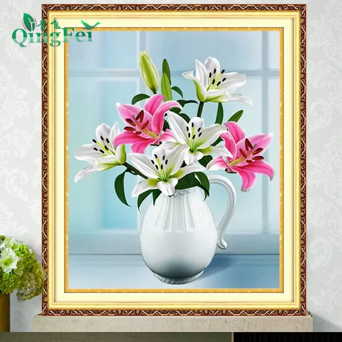 青飞印花百合花瓶十字绣清新百合花瓶百合花花卉卧室有钻石