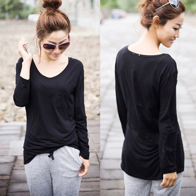 European and American spring women's clothing modal solid color pocket loose slim long-sleeved pullover T-shirt women's base shirt
