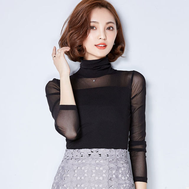 Spring and autumn new high-necked solid color slim lace shirt large ...