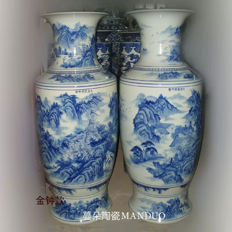 景德镇手绘青花山水仿康熙瓷器花瓶1米左右高客厅陈设高档花瓶-Taobao