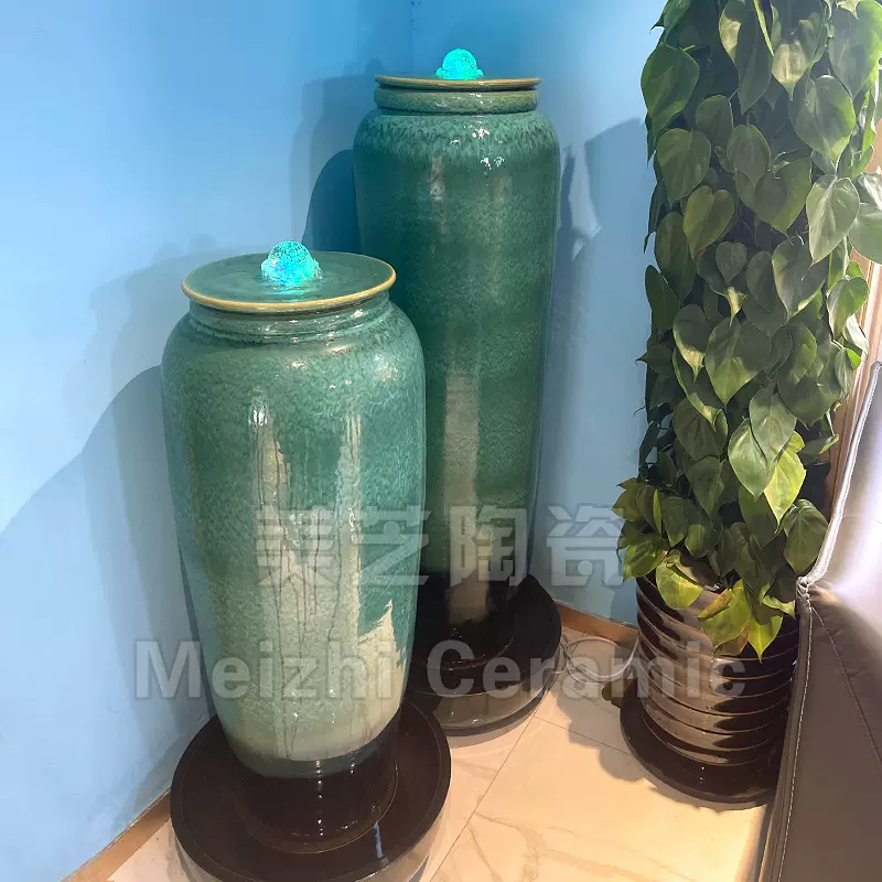 喷水池循环水系摆件客厅陶瓷流水花瓶景观涌泉坛子叠水陶罐加湿器-Taobao