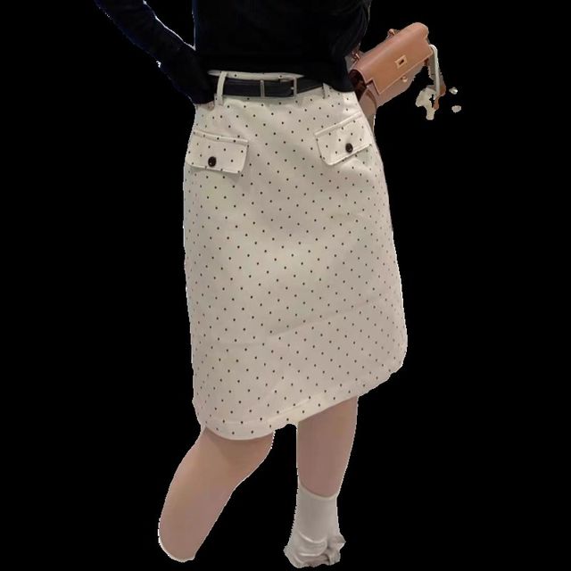 White polka dot printed skirt for women with large size mid-length skirt for summer high waist short skirt versatile slim A-line hip-pack skirt