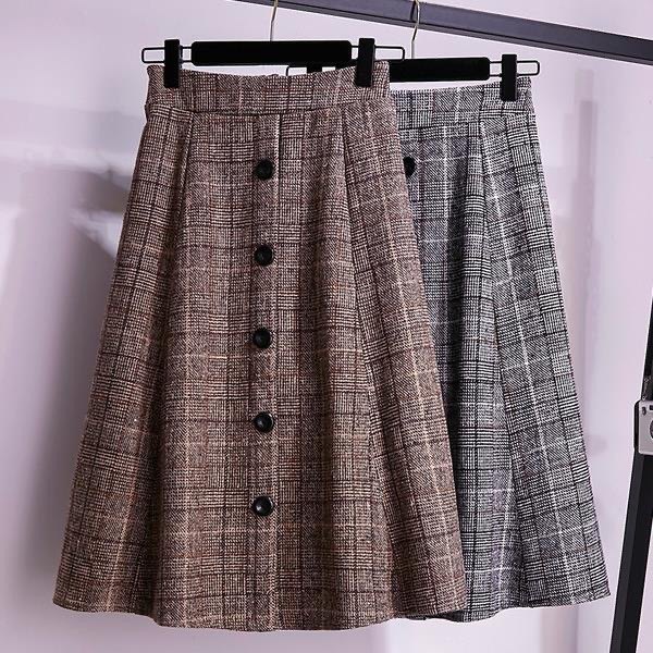 Large -size women's autumn and winter A -character loose waist tight waist grid hair 200jin [Jin is equal to 0.5 kg] Add fat to increase fat mm skirt
