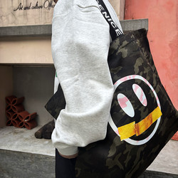 Thickened Camouflage Large-Capacity Smiley Face Canvas Shoulder Bag with Black and White Webbing for Shopping, Travel, Fitness, Business Trips, and Eco-Friendly Use