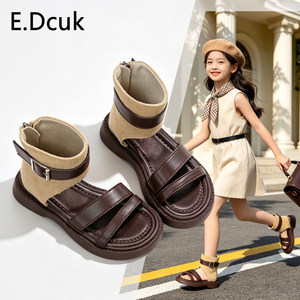 
Girls Roman Sandals 2026 New Children's Leather Splicing Fashion Sandals Little Girls Back Zipper High Top Short Boots