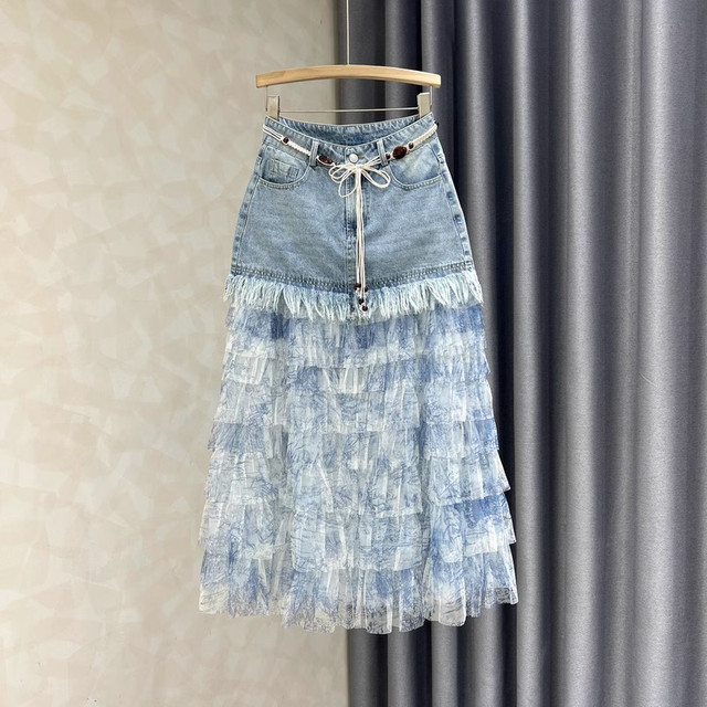 European-style denim splicing versatile slim mesh skirt for women 2025 mid-length cake skirt big hem skirt