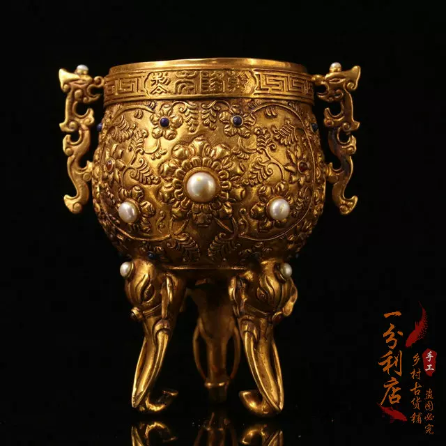 蔵友旧蔵出・銅製・寶石嵌・塗金・大象鼓擺件』・極細工・中国