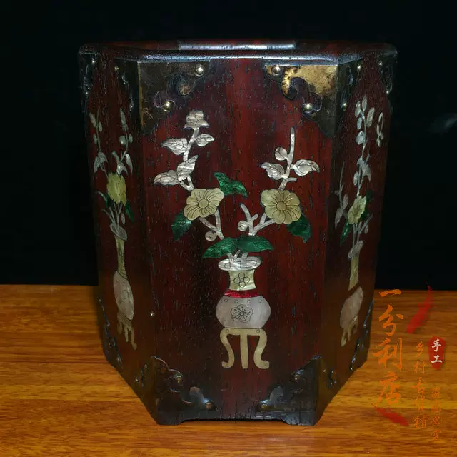 珍品旧蔵* 清 花梨木 嵌彩貝 梅蘭竹菊 四方筆筒 筆筒 擺件 筆立て 卷筒 