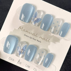 Whitening and High-End Feel Wearable Nails, Dreamy Butterfly Cat-Eye Blue Polka Dot Manicure Nail Patches, Removable Pure Desire Summer