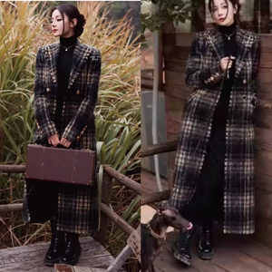 
Dilireba's same autumn and winter retro elegant temperament mid-length wool coat street style plaid wool coat
