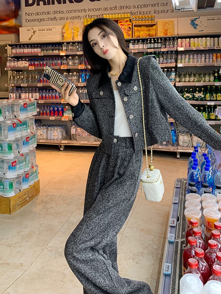 Casual Retro Sports Dark Gray Half High Collar Front Zipper Long Sleeved Top And Wide Pants Set