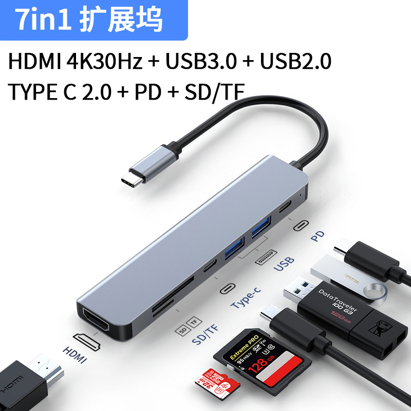 7 IN 1 TYPE-C - ٱ ŷ ̼ 4K@30HZ HDMI+USB3.0+USB2.0+SD+TF-