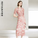 Yanyu ink printing skirt summer women's clothing 2025 new pink mid-length short-sleeved V-neck pleated dress