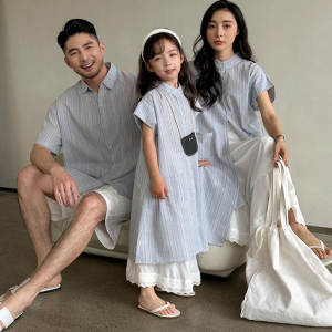 
High-end parent-child outfit summer family three shirt striped family decoration short-sleeved shirt mother and daughter mid-length skirt trendy