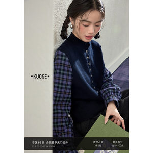 Broad color hidden blue plaid splicing sweater fake two-piece half-high neck sweater 25 autumn and winter new women's long-sleeved top