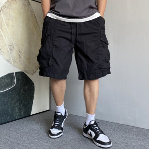 Summer American leisure and handsome heavy black pocket workers short pants, men's loose pumping rope, wild pants
