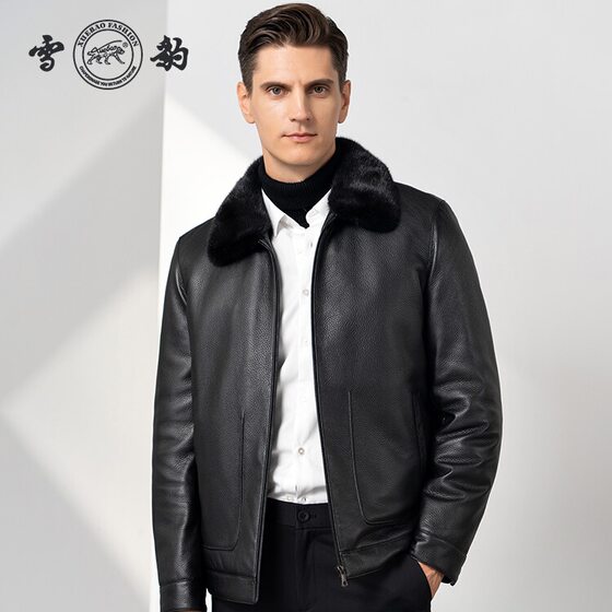 
Snow leopard deerskin leather jacket men's mink lining fur jacket business casual old money fur collar men's jacket