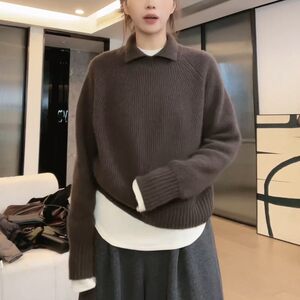 
Fat girl lazy minimalist style loose and slim pullover sweater for women Korean style fashionable thick lapel knitted top