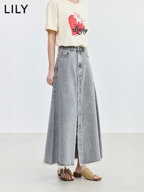 LILY summer new retro washing denim A-shaped simple skirt mid-length
