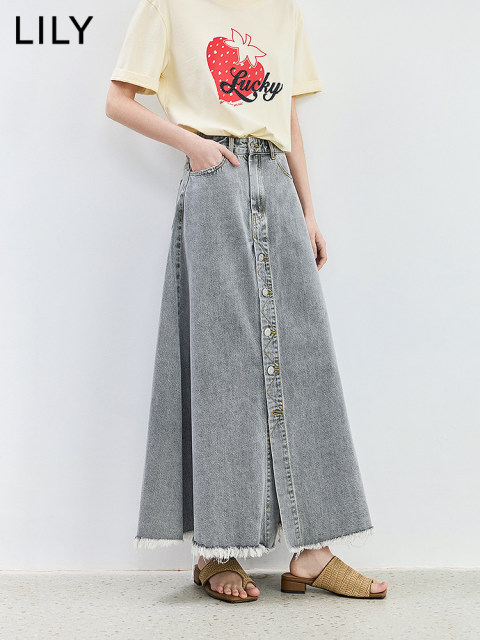 LILY summer new retro washing denim A-shaped simple skirt mid-length
