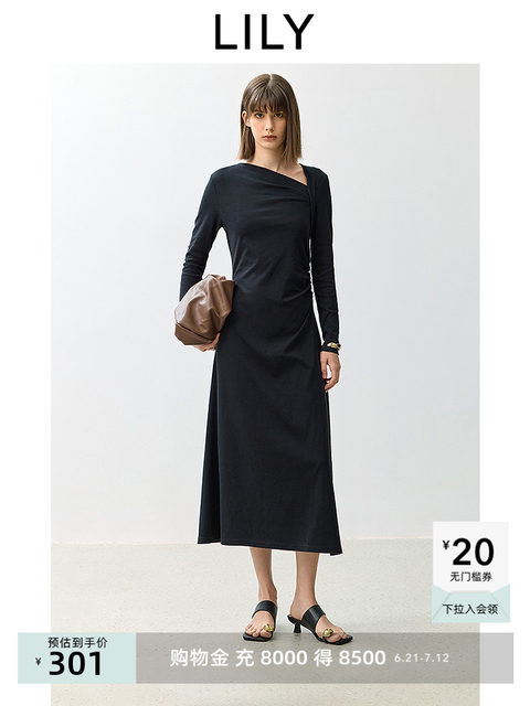 LILY new women's off-shoulder collar slim and slightly pleated slim long-sleeved dress for women